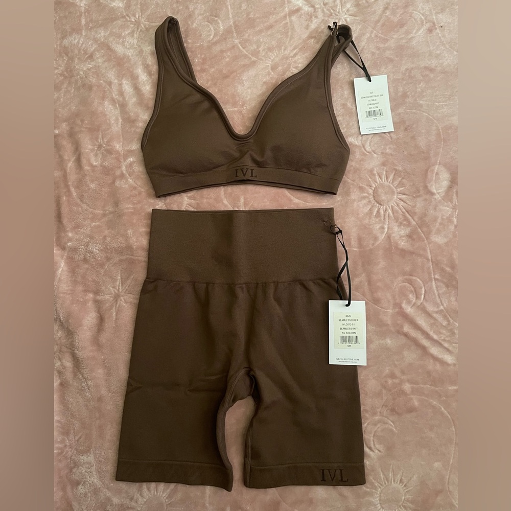 IVL Brown Seamless V-Neck Bralette & High-Waist Bike Shorts Set